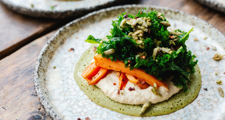 Beyond Greens Pancakes with Winter Roots and Omega Hummus