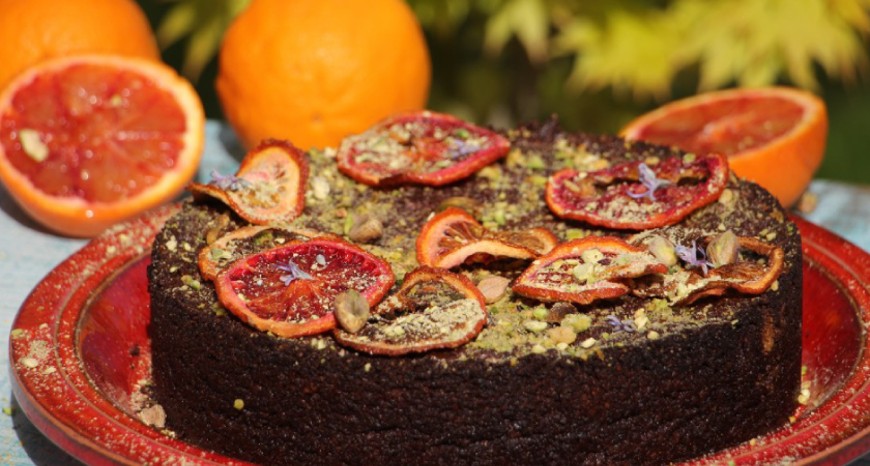 Rich Chocolate, Pistachio and Blood Orange Torte