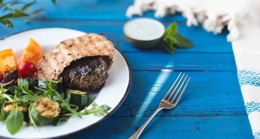 Griddled Lamb Burger Pita Pockets with Sweet Roasted Veg