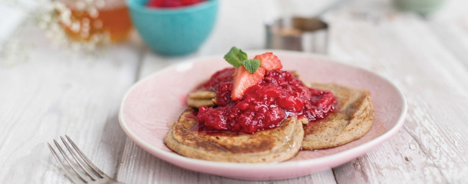 Five Ingredient Banana Pancakes with Warm Berry Compote