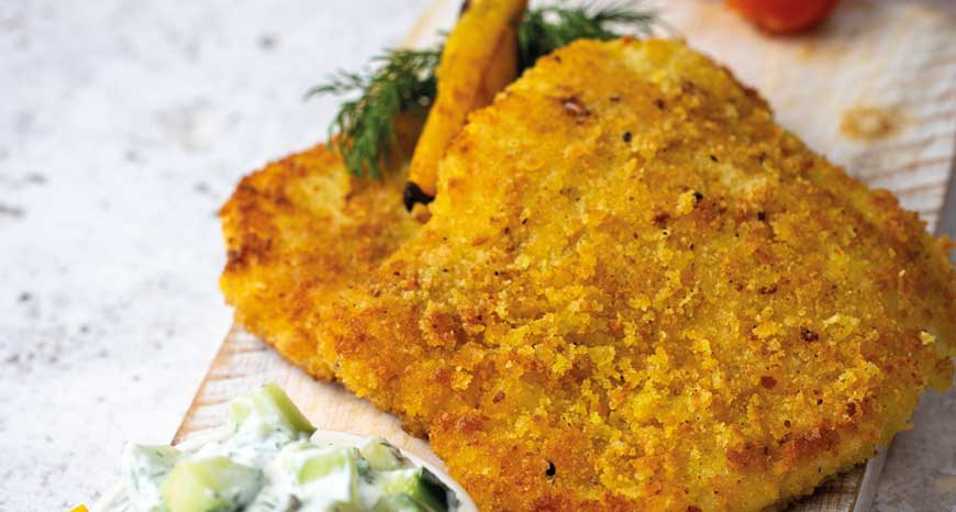 CRISPY HADDOCK SCHNITZEL WITH CUCUMBER TARTARE