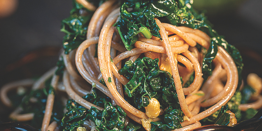 WHOLEMEAL KALE AND WALNUT SPAGHETTI WITH UDO’S ROCKET AND WALNUT PESTO