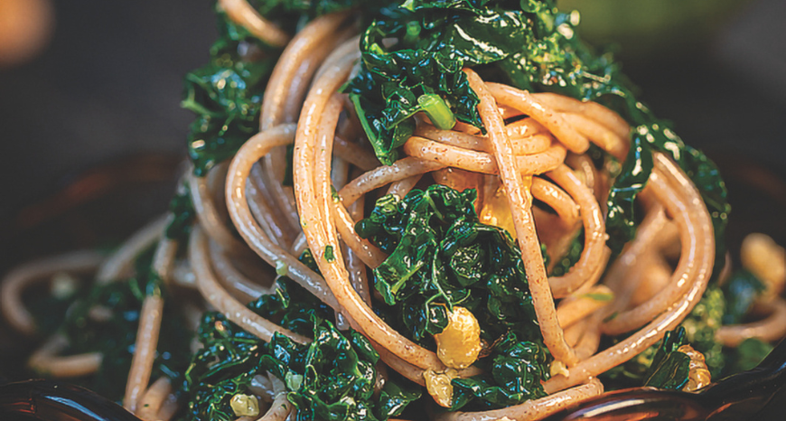 WHOLEMEAL KALE AND WALNUT SPAGHETTI WITH UDO’S ROCKET AND WALNUT PESTO