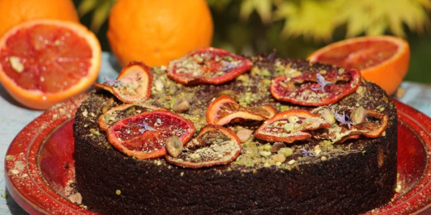 Rich Chocolate, Pistachio and Blood Orange Torte