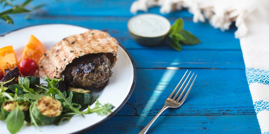 Griddled Lamb Burger Pita Pockets with Sweet Roasted Veg