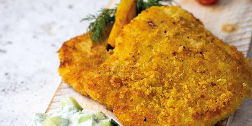 CRISPY HADDOCK SCHNITZEL WITH CUCUMBER TARTARE