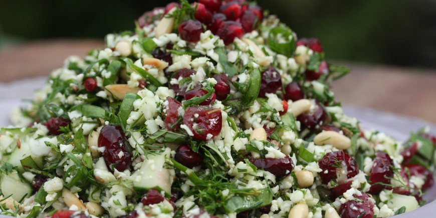 Zesty Raw Cauliflower Salad with Pine Nuts, Herbs & Pomegranate