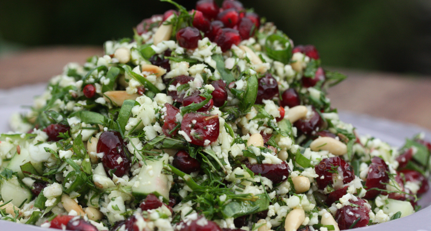 Zesty Raw Cauliflower Salad with Pine Nuts, Herbs & Pomegranate